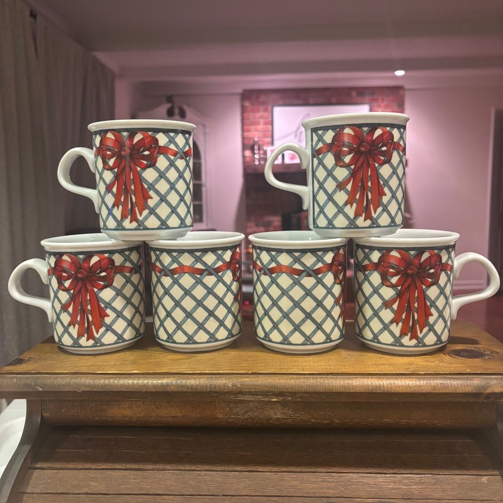 Dansk Nordic Garden Porcelain Mugs Set of 6 Blue Trellis Red Bow Portugal